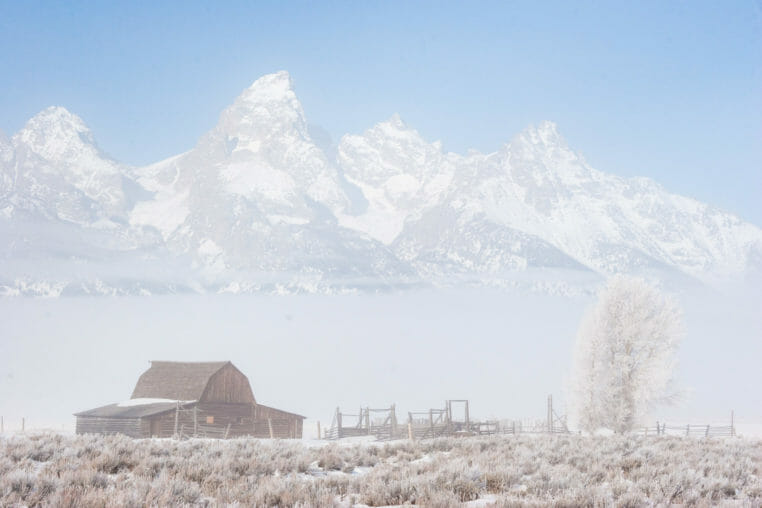 Historic barns in Grand Teton National Park in winter