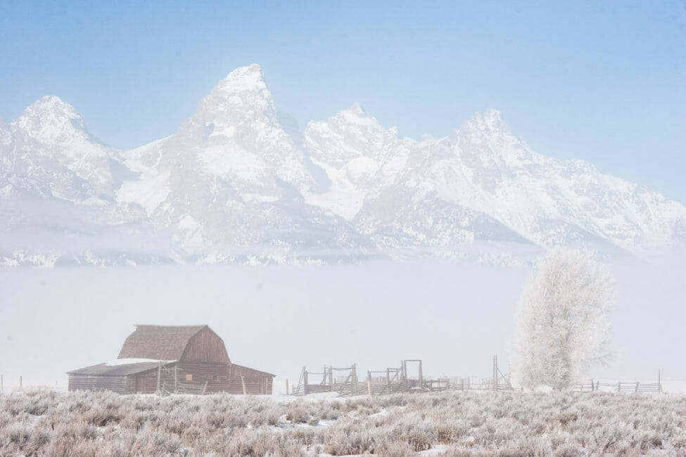 Historic barns in Grand Teton National Park in winter