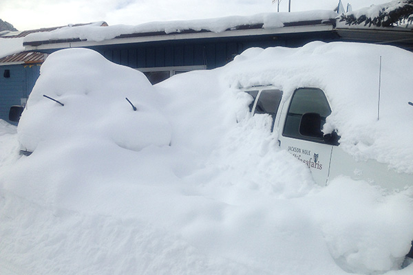 A Winter Snow Storm Buries A Jackson Hole Wildlife Safaris Van In The Parking Lot