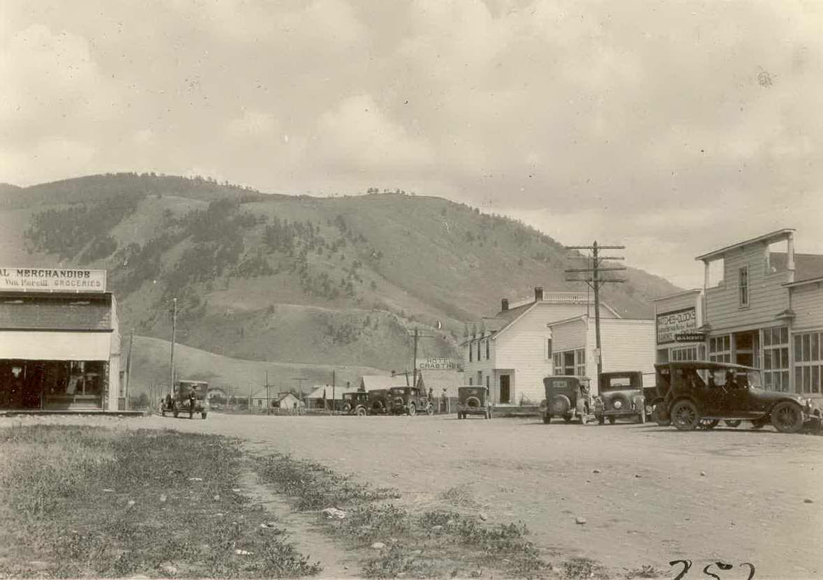 Downtown Jackson Hole As It Was In 1920 With Crabtree Hotel and Mercill Merchandise Visible