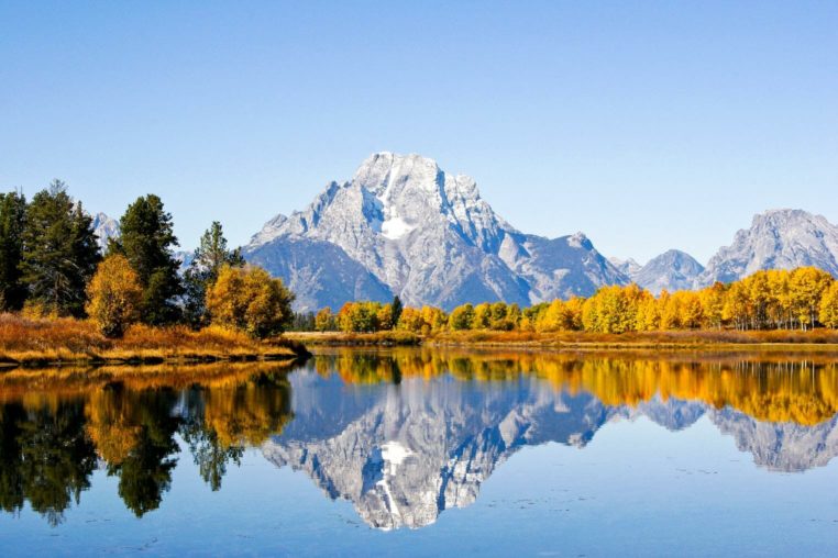 Mount Moran And Fall Foliage Reflecting In Oxbow Bend Of The Snake River In Grand Teton National Park