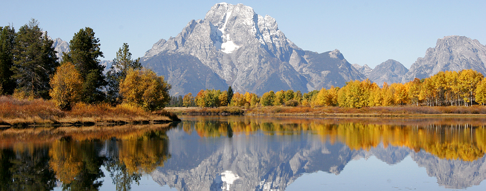 Mount Moran With Fall Foliage Is Reflected In The Snake River At The Oxbow Bend In Grand Teton National Park