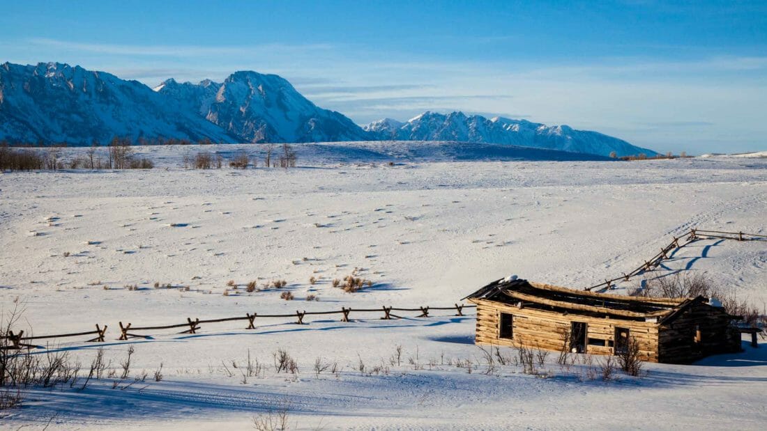Shane cabin grand teton national park in winter